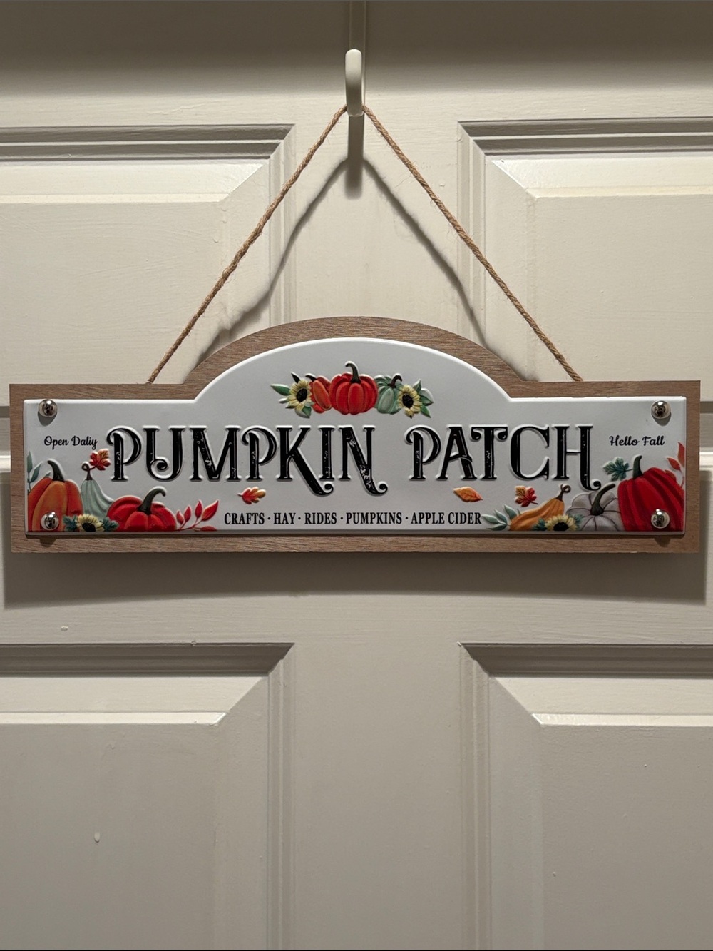 Wooden & Metal Pumpkin Patch Hanging Sign - White and Brown Fall Wall Decor NWT